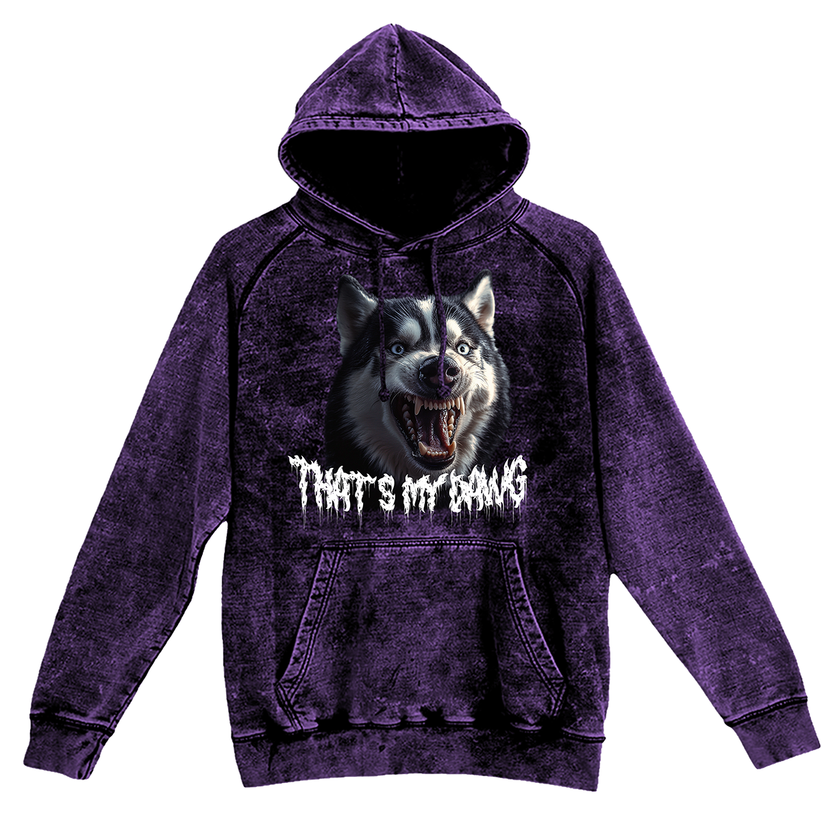 a purple hoodie with a picture of a dog on it