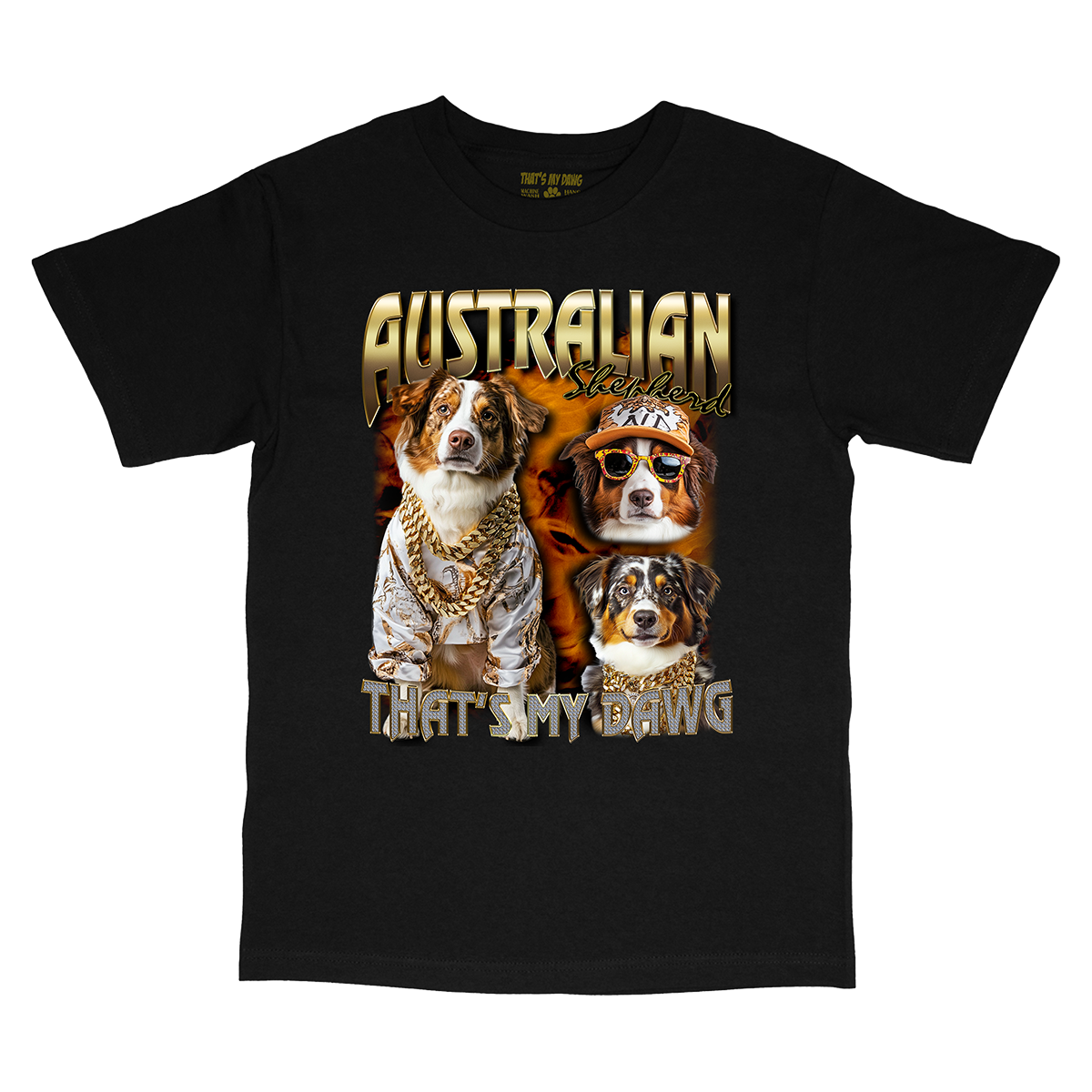 a black t - shirt with two dogs wearing gold chains