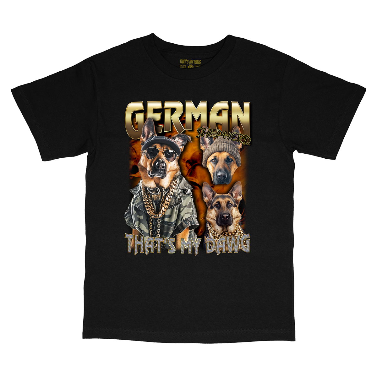 a black shirt with two german shepherds on it