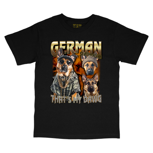 a black shirt with two german shepherds on it