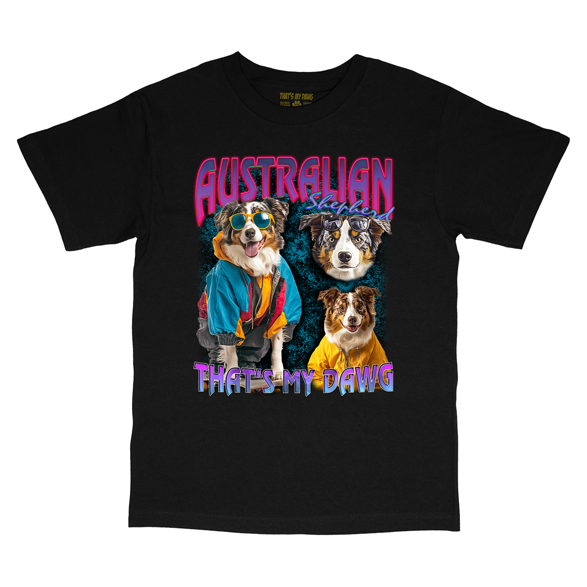 a black t - shirt with two dogs wearing sweaters