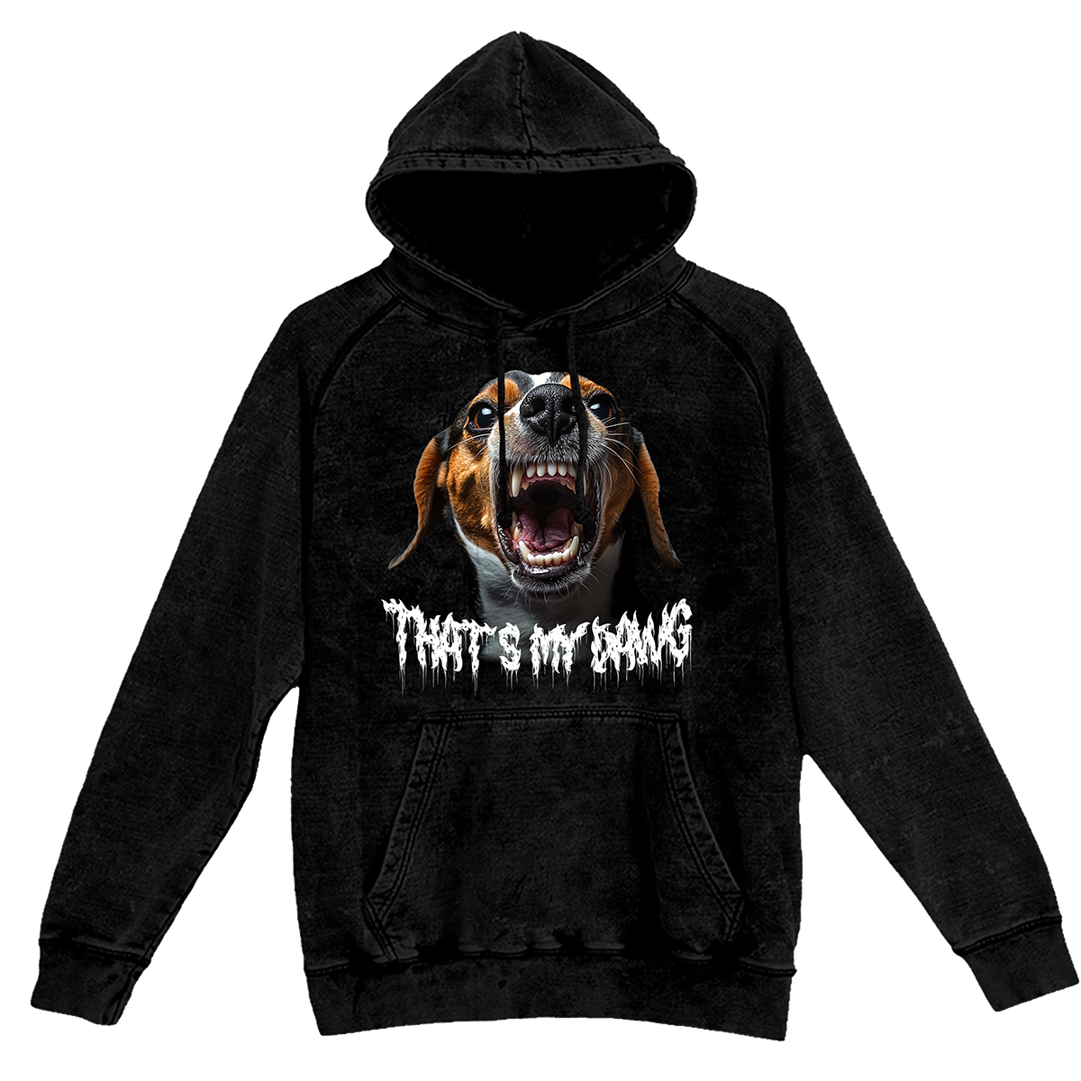 a black hoodie with a picture of a dog on it