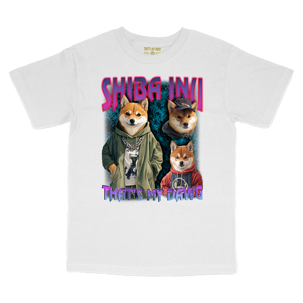 a white t - shirt with a picture of two dogs wearing jackets