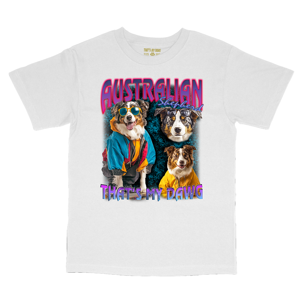 a white t - shirt with two dogs wearing sunglasses