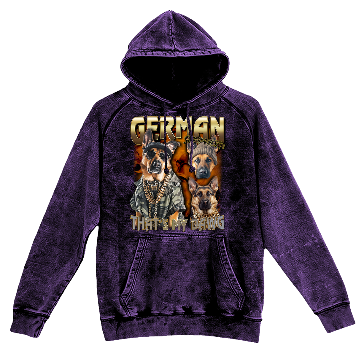 a purple hoodie with a picture of german shepherds on it