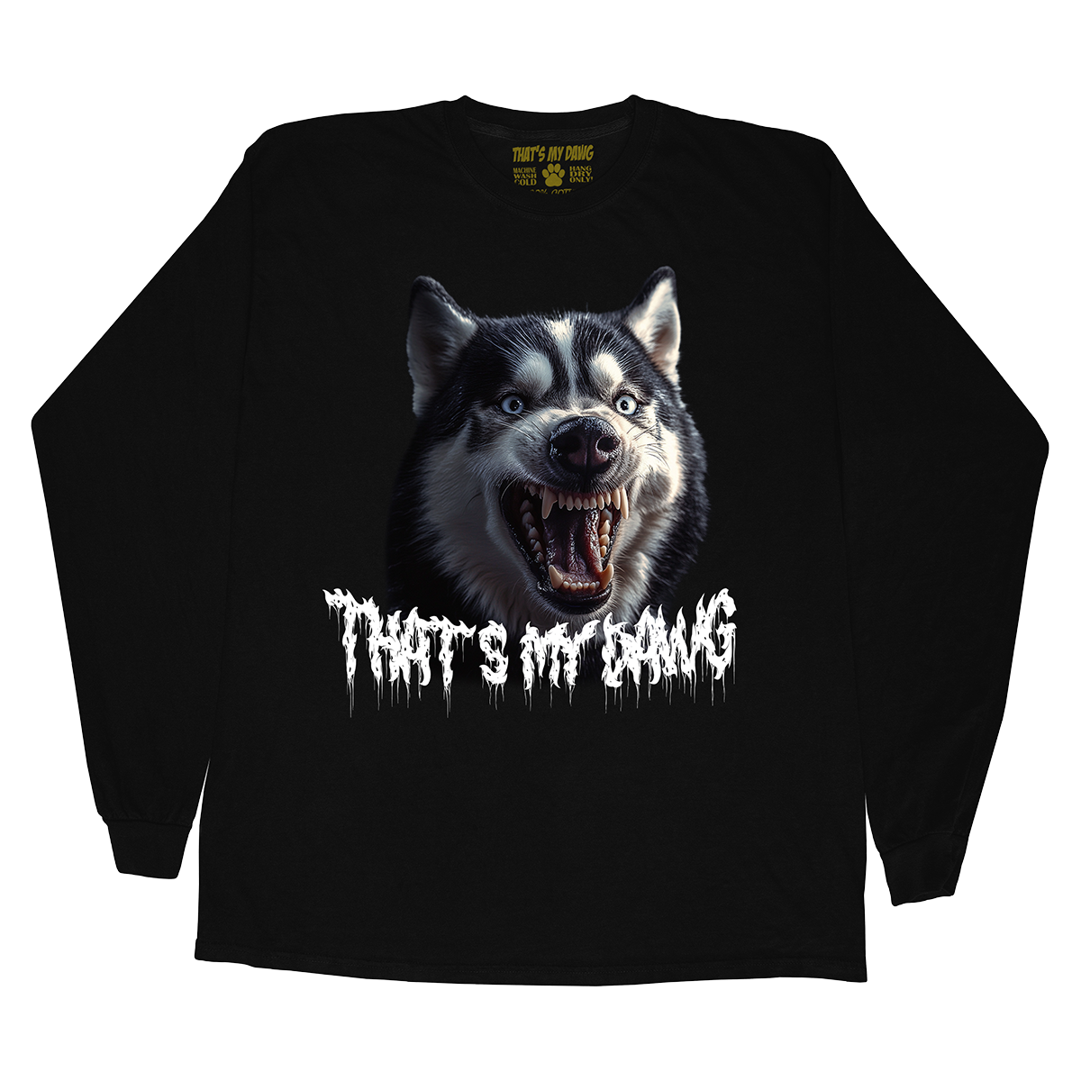 a black shirt with a picture of a dog with it's mouth open