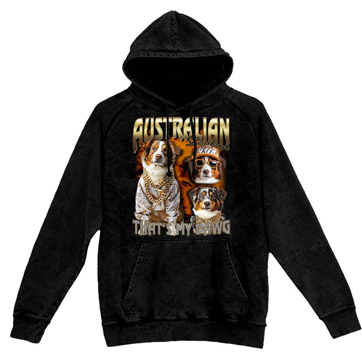 a black hoodie with two dogs on it