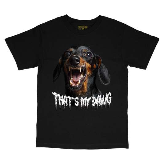 a black t - shirt with a picture of a dog's face