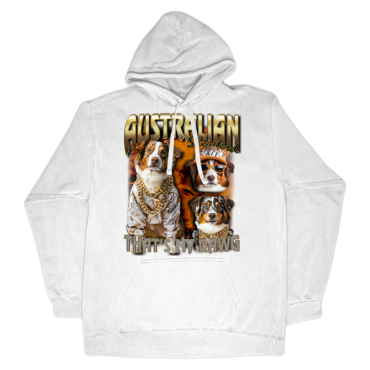 a white hoodie with two dogs on it