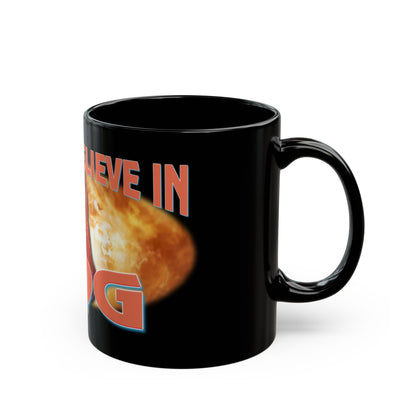 a black coffee mug with a picture of an object on it