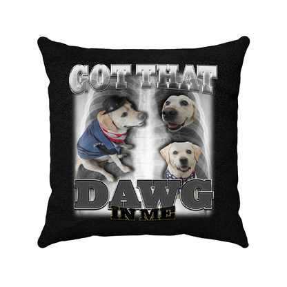 a black pillow with two dogs on it