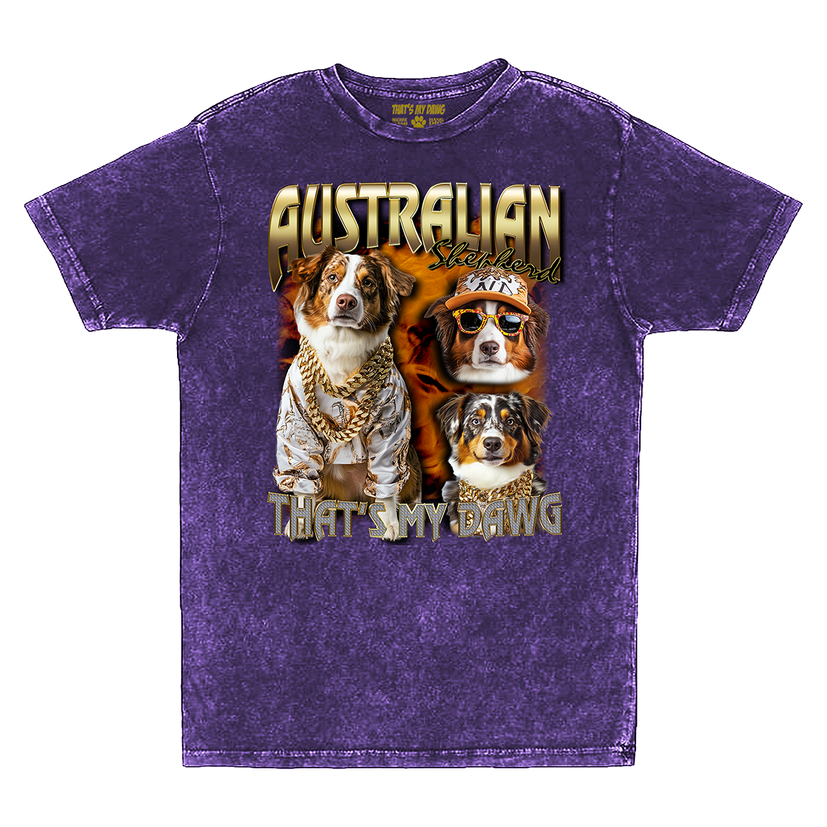 a purple shirt with two dogs wearing sunglasses