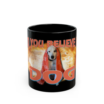 a black coffee mug with a picture of a dog on it