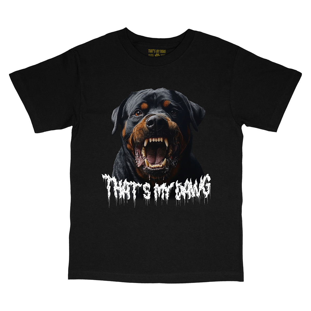 a black t - shirt with an image of a dog with its mouth open