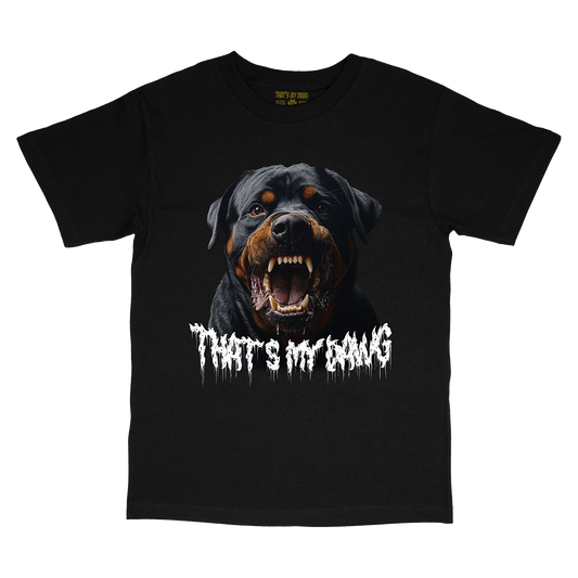 a black t - shirt with an image of a dog with its mouth open