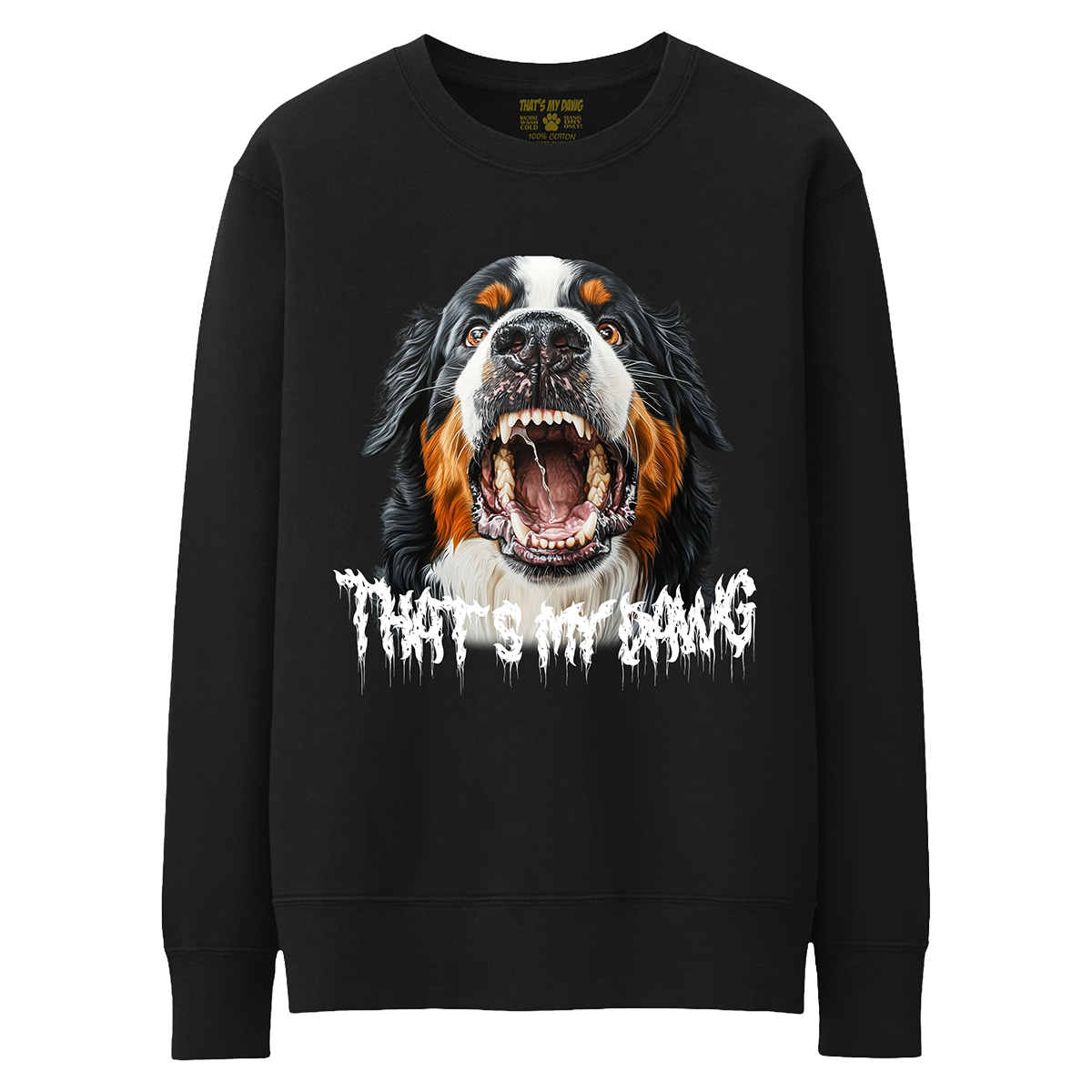 a black sweatshirt with an image of a dog with its mouth open