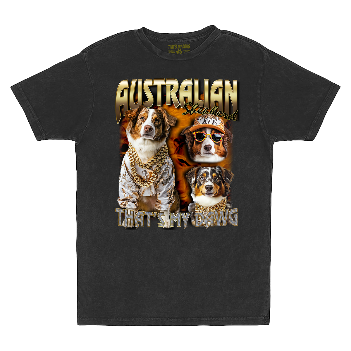 a black t - shirt with two dogs wearing gold chains