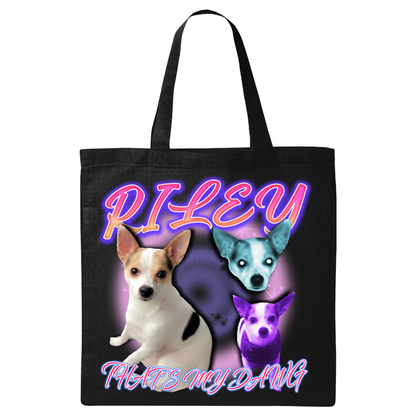 a black tote bag with two dogs on it