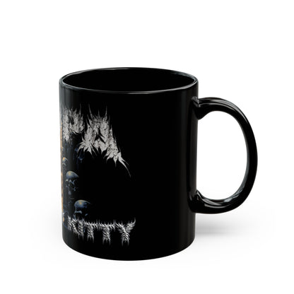 a black coffee mug with a picture of a demon on it