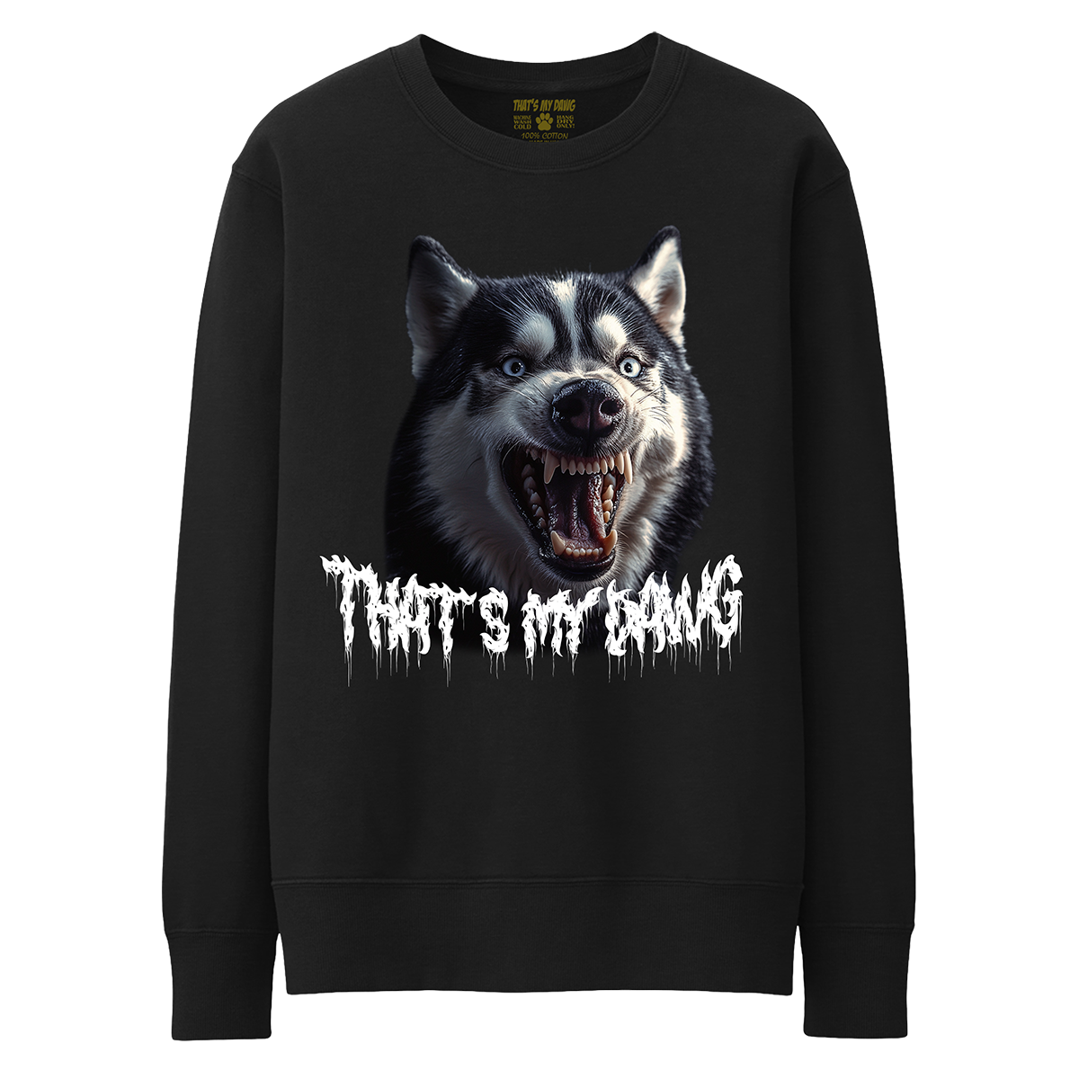 a black sweatshirt with an image of a dog with fangs