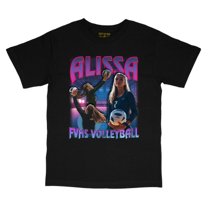 a black t - shirt with a picture of two women playing volleyball