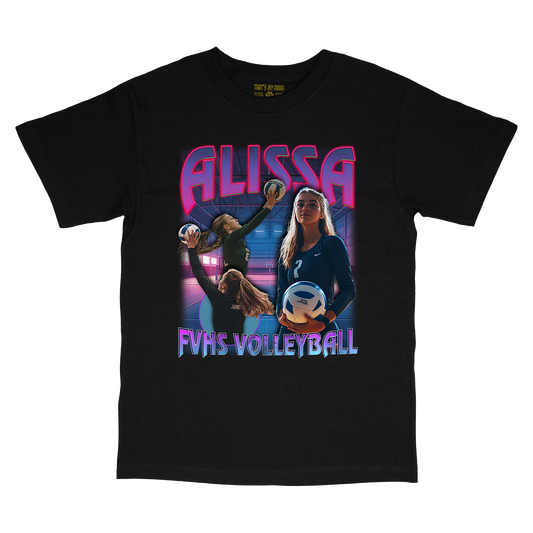 a black t - shirt with a picture of two women playing volleyball