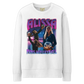 a white sweatshirt with a picture of two women in front of them