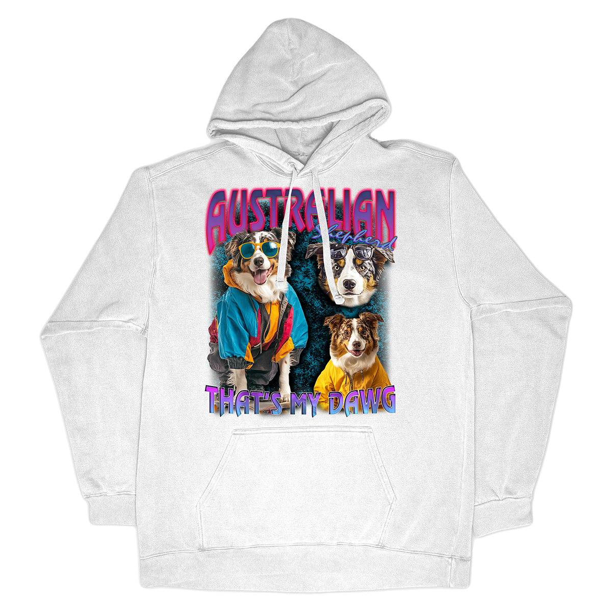 a white hoodie with two dogs on it