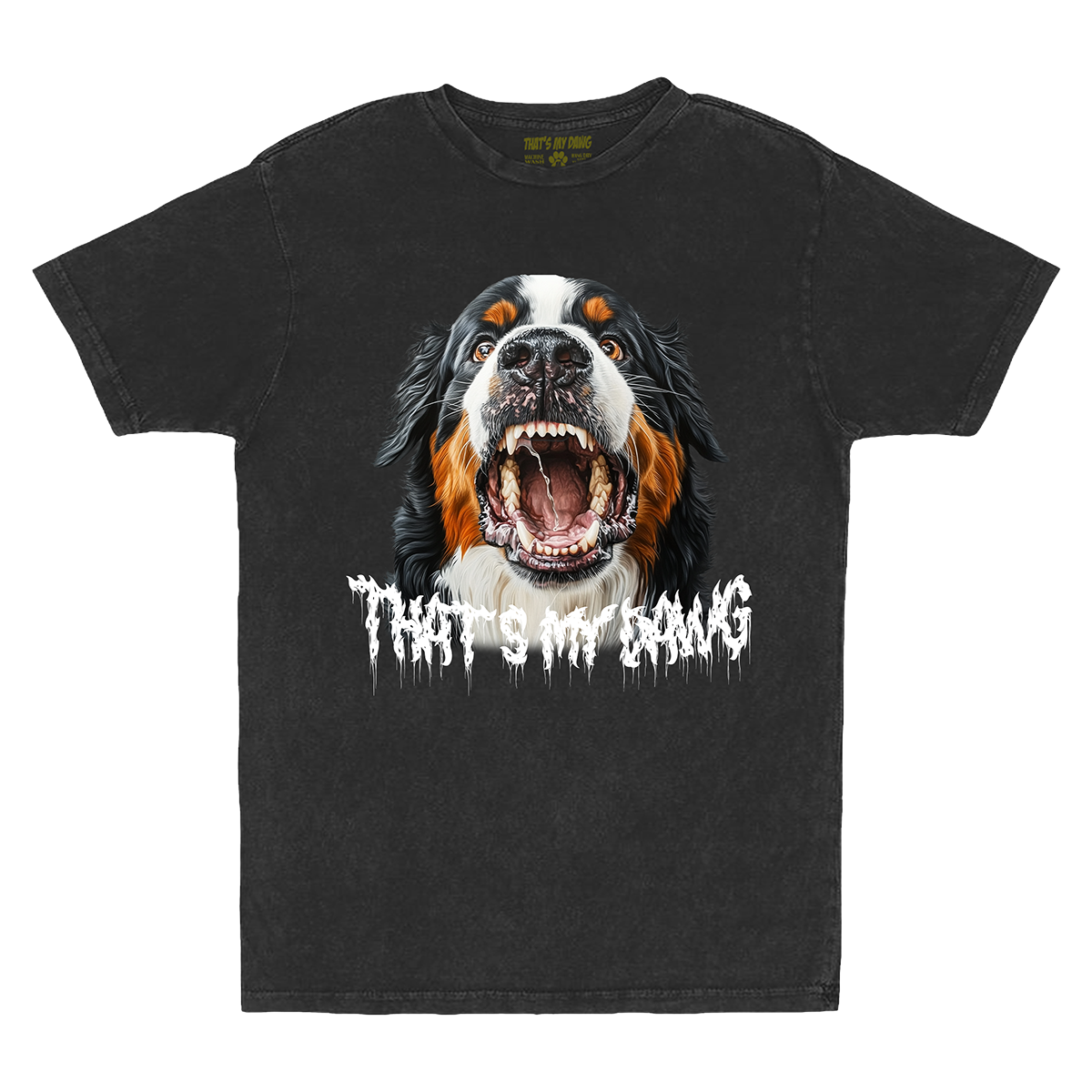 a black t - shirt with an image of a dog with its mouth open