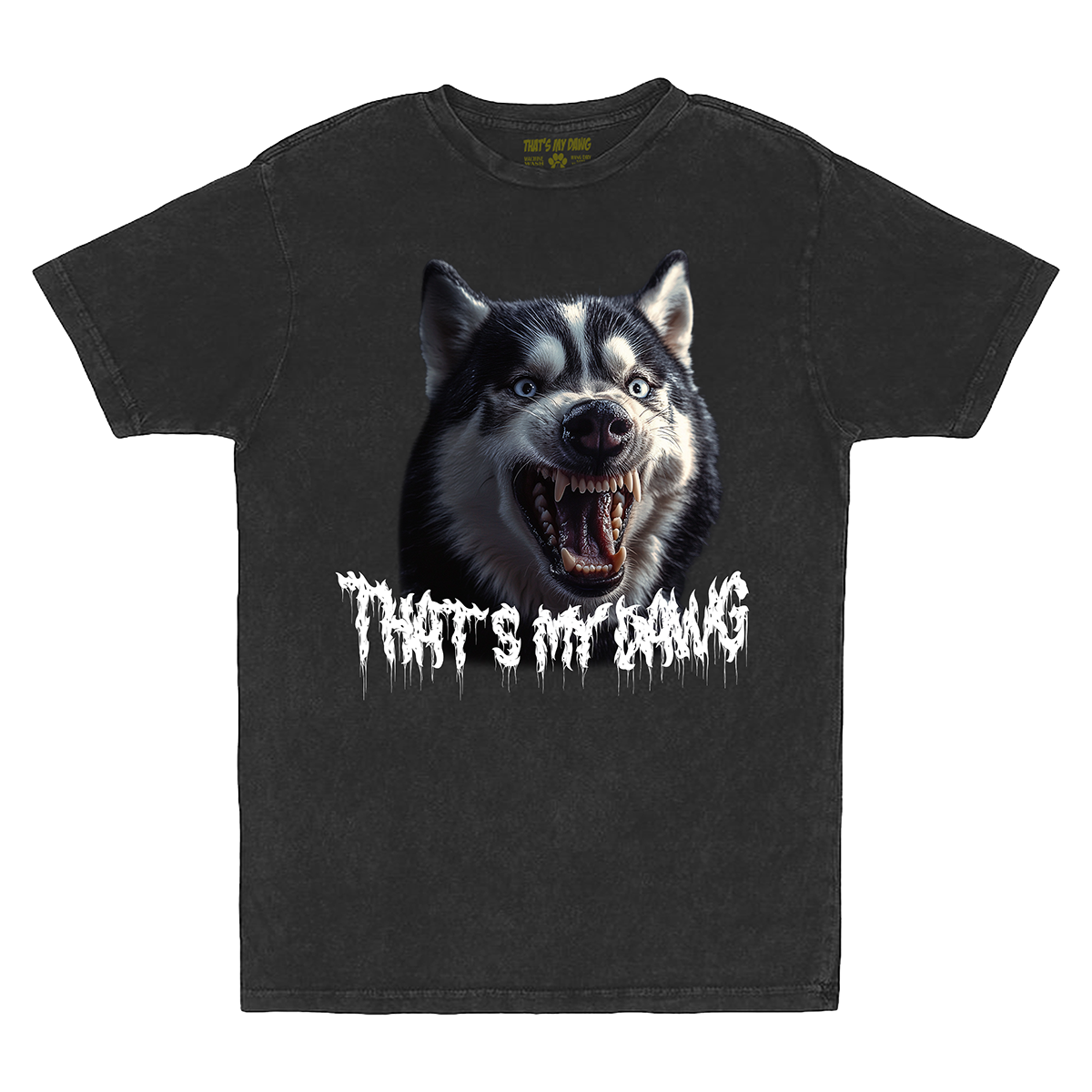 a black t - shirt with a picture of a dog that says, that '