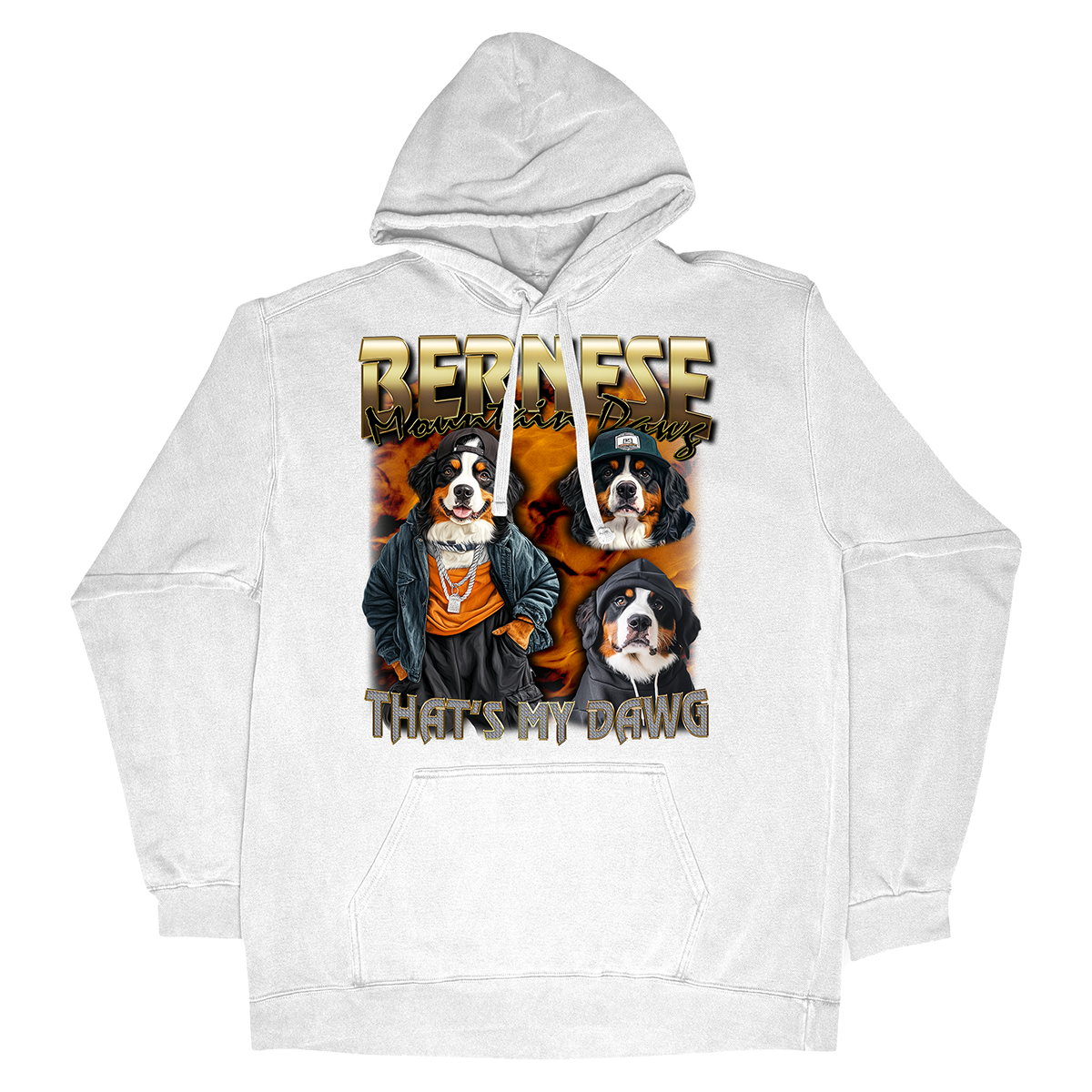 a white hoodie with three dogs on it