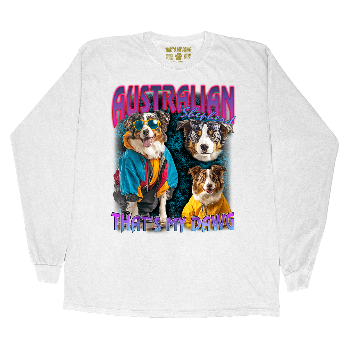 a white shirt with two dogs wearing sunglasses