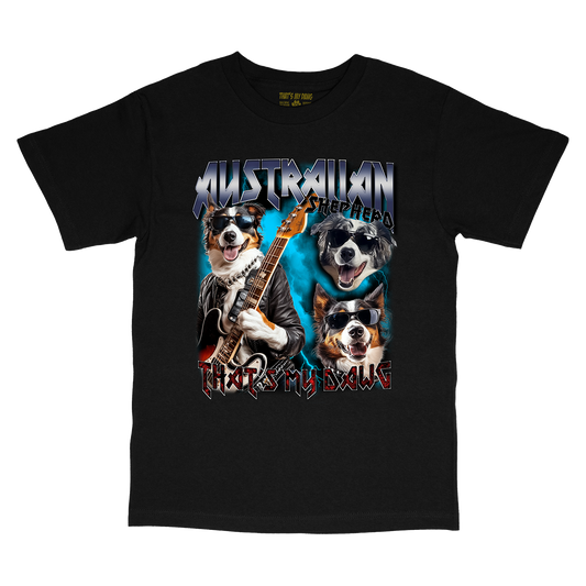 a black t - shirt with a picture of dogs playing guitars