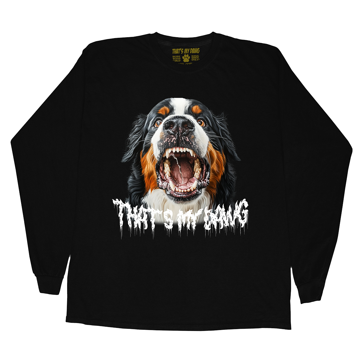 a black shirt with an image of a dog with its mouth open