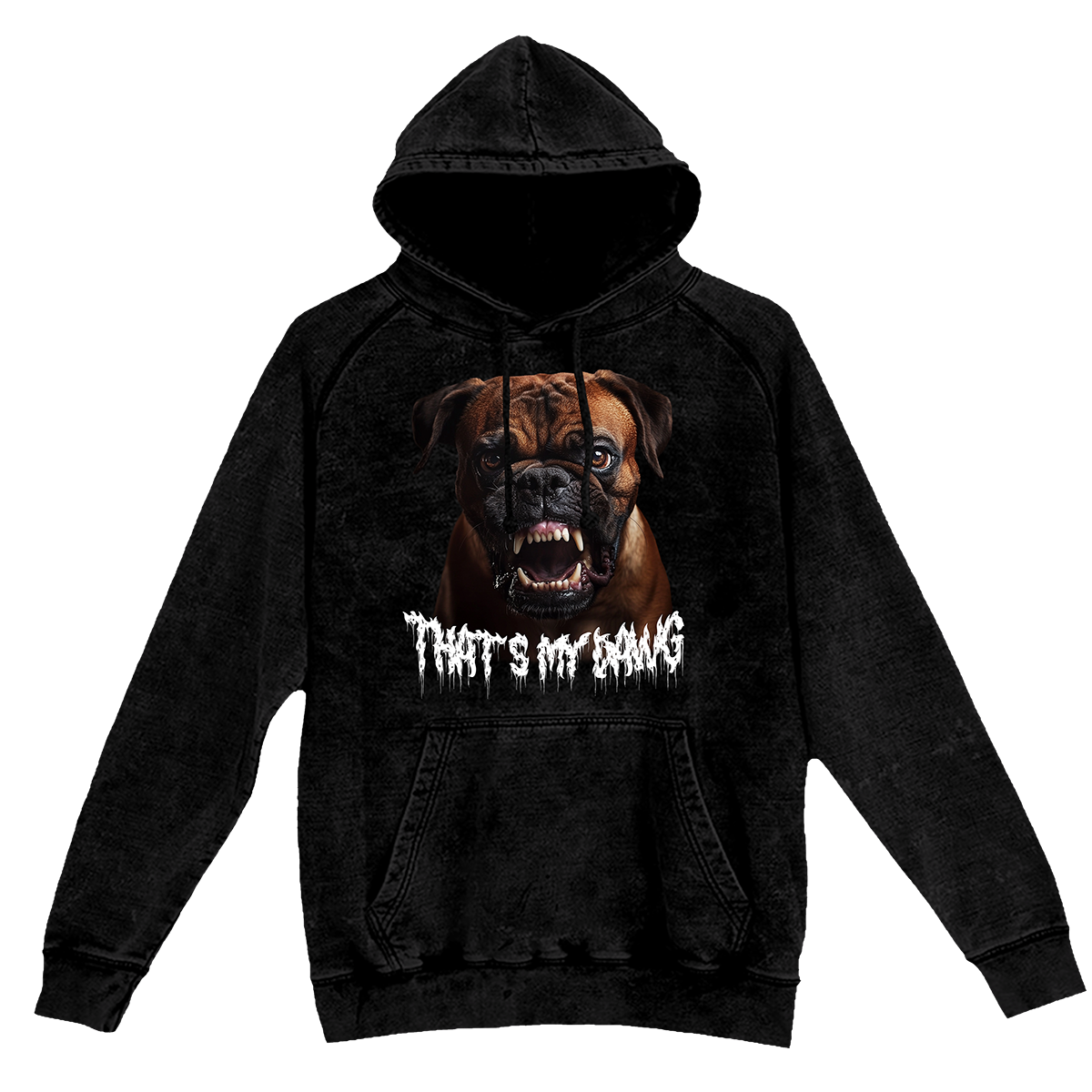 a black hoodie with a picture of a dog on it