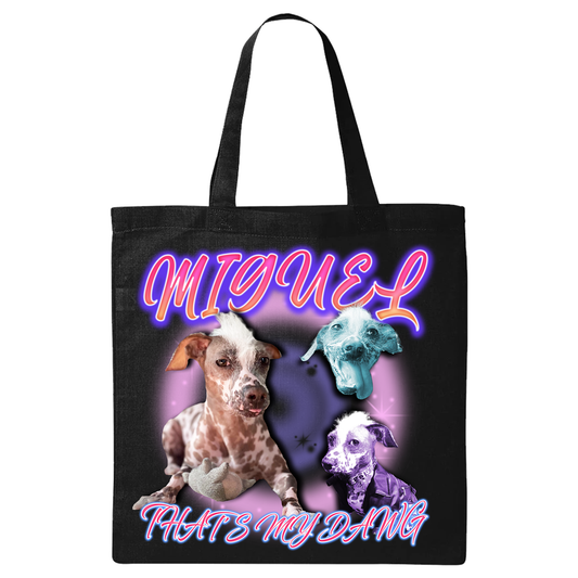 a black tote bag with two dogs on it