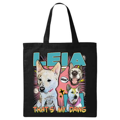 a black tote bag with two dogs on it