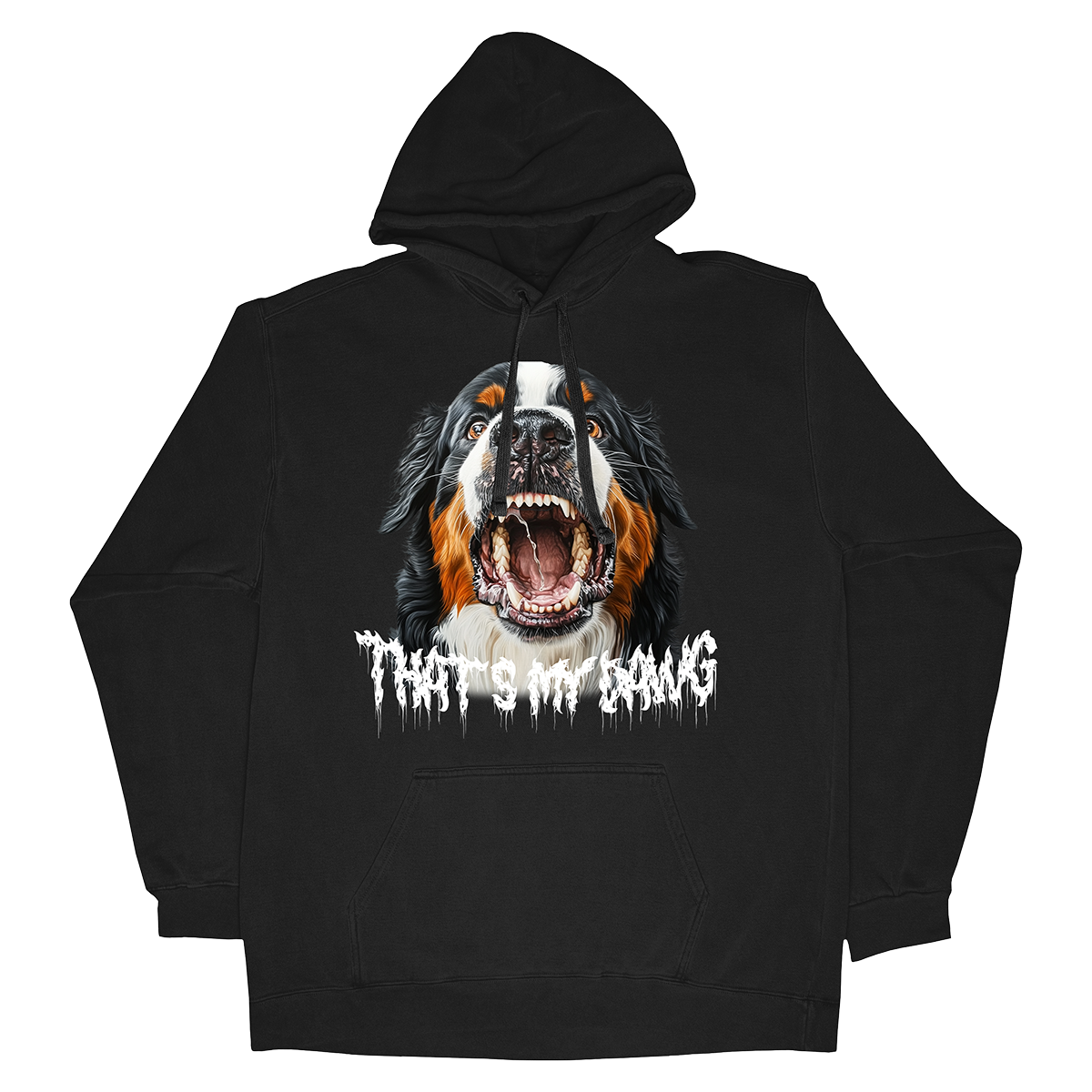 a black hoodie with an image of a dog with its mouth open