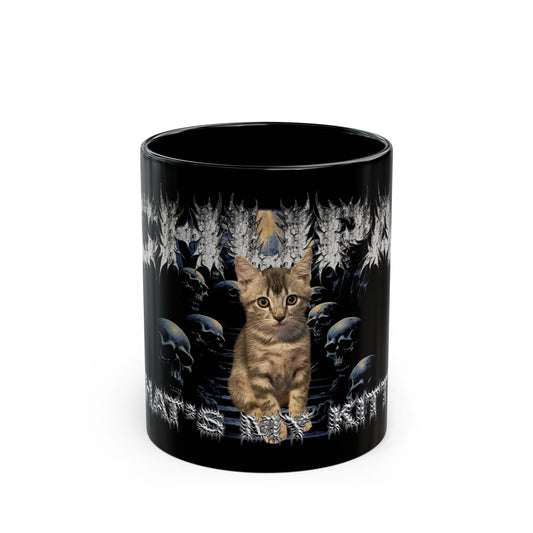 a black coffee mug with a cat on it