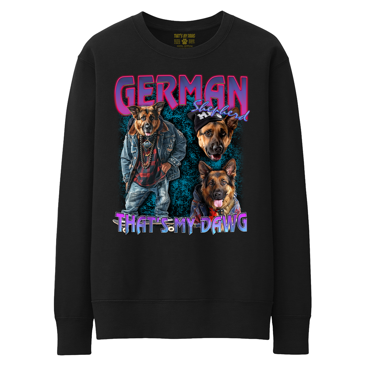 a black sweatshirt with two dogs on it