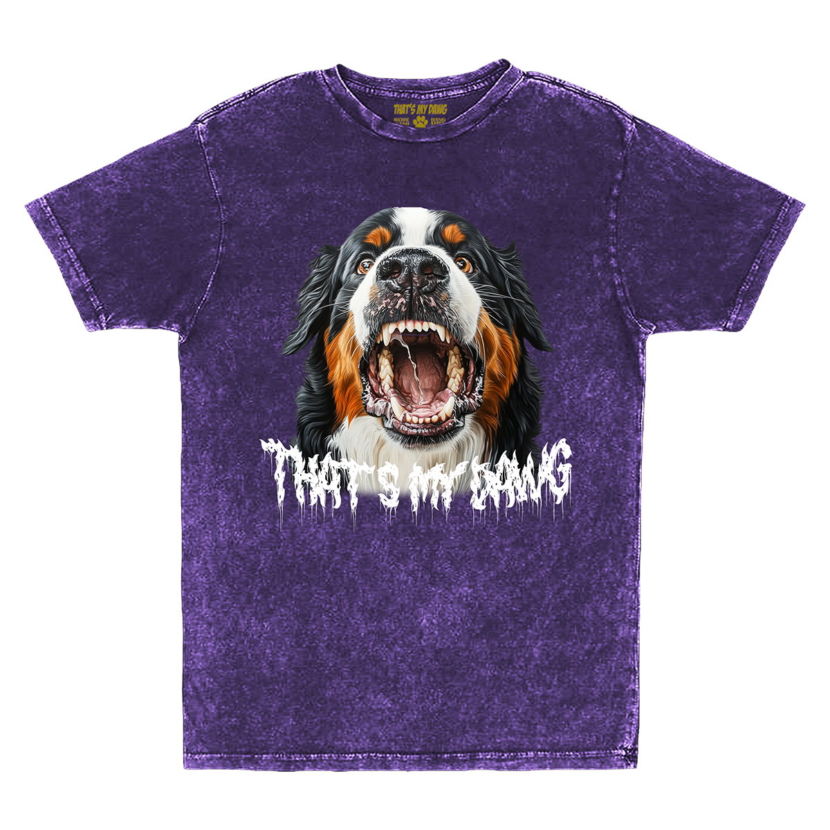 a purple shirt with a picture of a dog's face on it