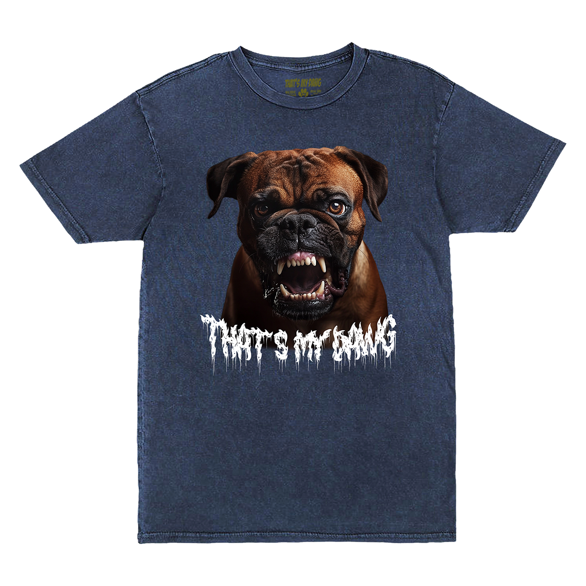 a blue t - shirt with an image of a dog with the words that '