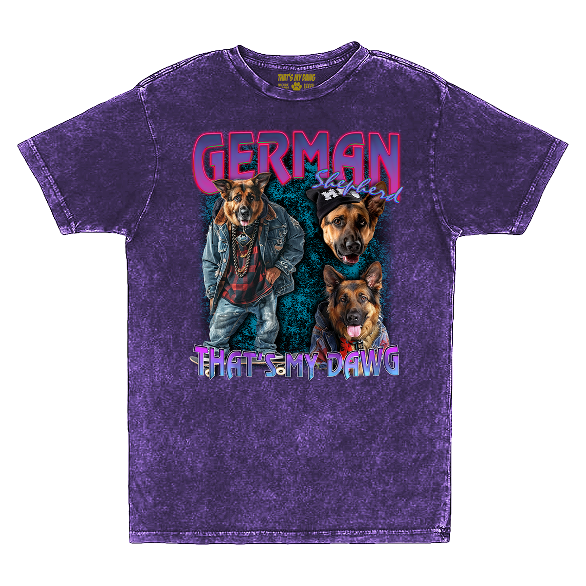 a purple shirt with two dogs on it