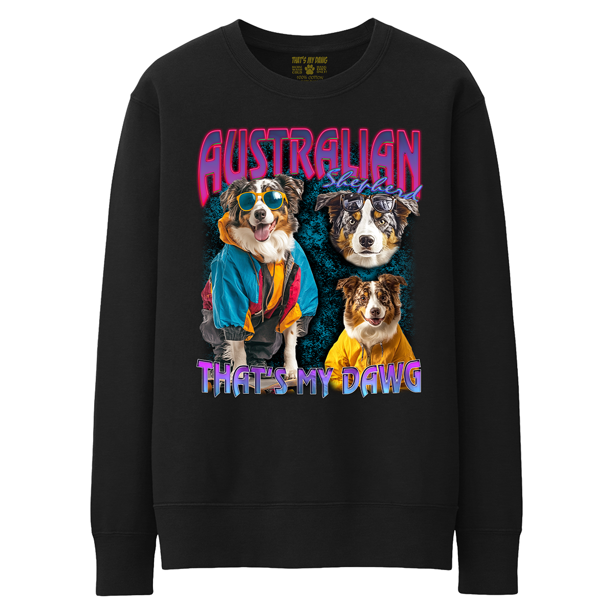 a black sweatshirt with two dogs wearing sunglasses