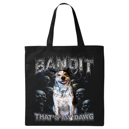 a black tote bag with a dog on it