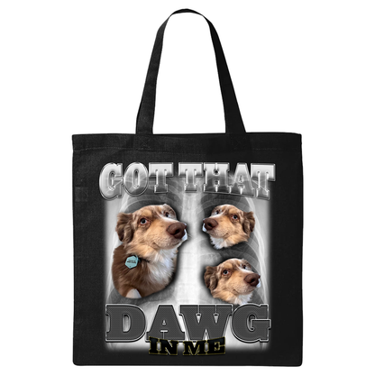 a black tote bag with two dogs on it