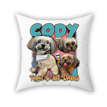 a white pillow with three dogs on it