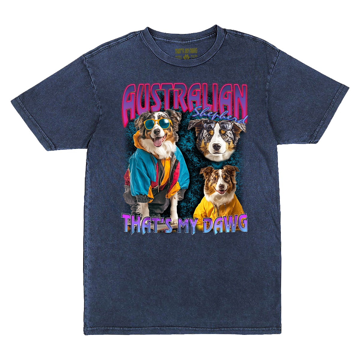 a blue t - shirt with three dogs on it