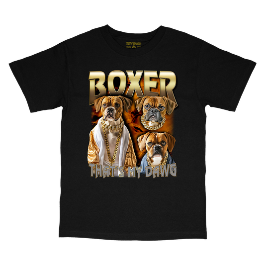 a black t - shirt with two boxer dogs on it