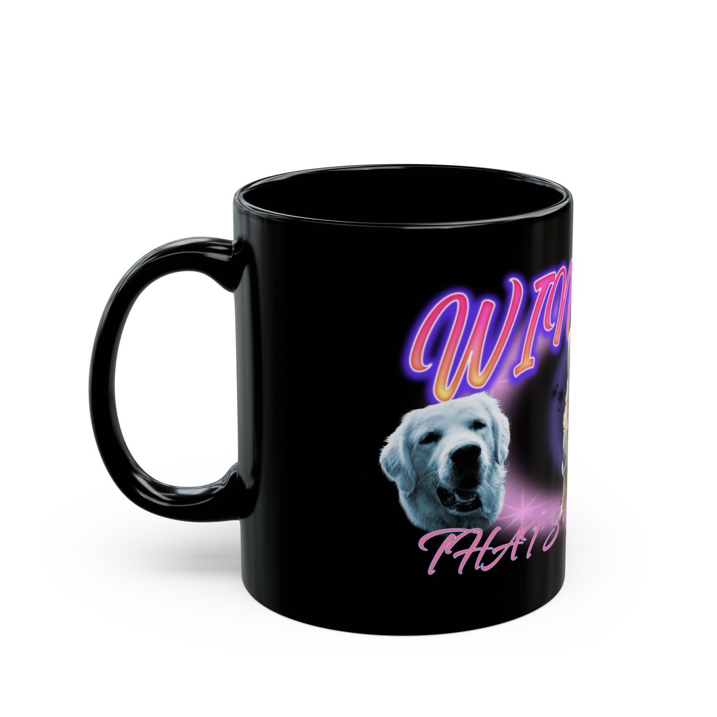 a black coffee mug with a picture of a dog